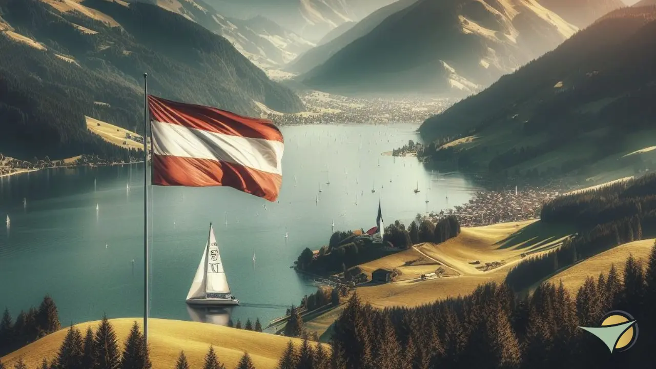 Talsicht auf einen See mit Österreichische Flagge